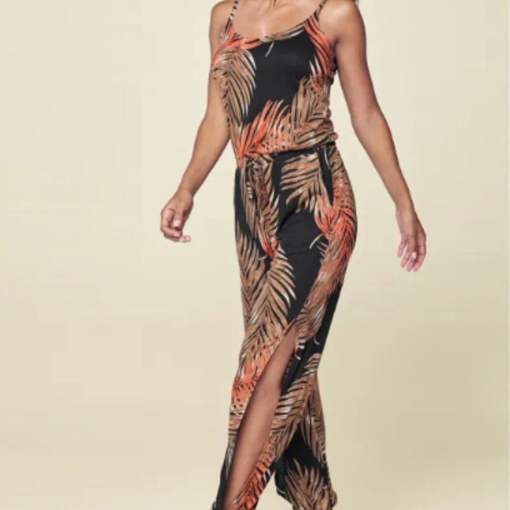 Tropical Leaf Print Jumpsuit - Black and Orange Large